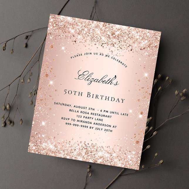 Budget birthday blush rose gold glitter invitation (Creator Uploaded)