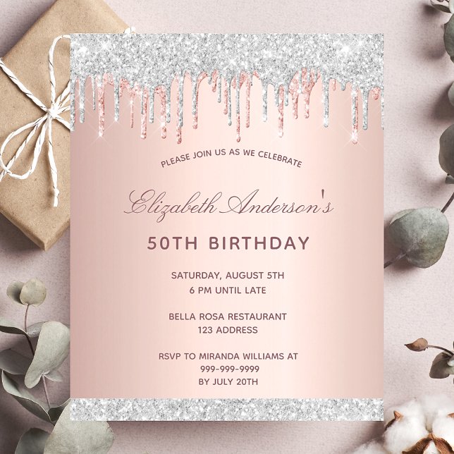 Budget birthday blush rose gold silver invitation (Creator Uploaded)