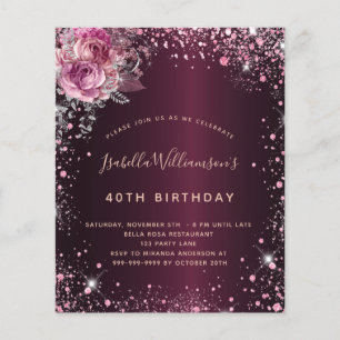 Budget birthday burgundy glitter floral invitation