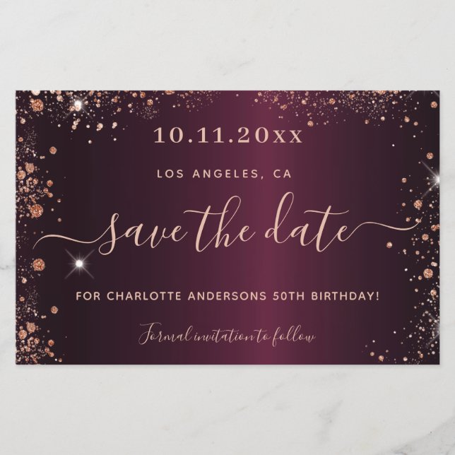 Budget birthday burgundy rose gold save the date (Front)