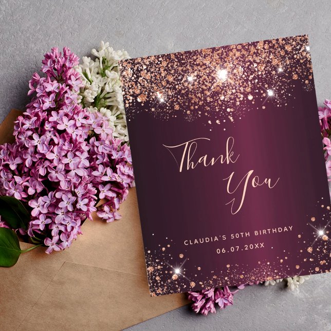 Budget birthday burgundy rose gold thank you card (Creator Uploaded)