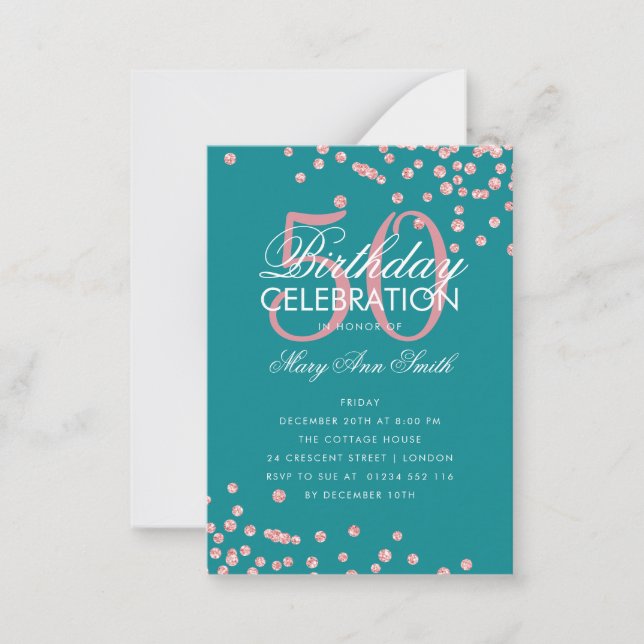 Budget Birthday Confetti Rose Gold Teal Invite (Front)