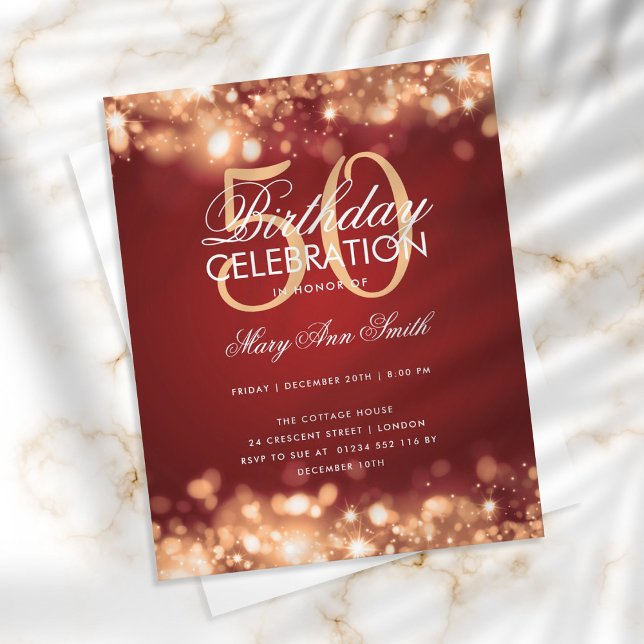 Budget Birthday Elegant Gold Red Lights Invite (Creator Uploaded)
