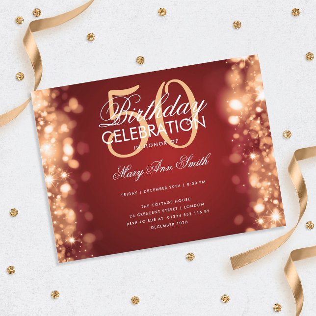 Budget Birthday Elegant Gold Red Lights Invite Postcard (Creator Uploaded)