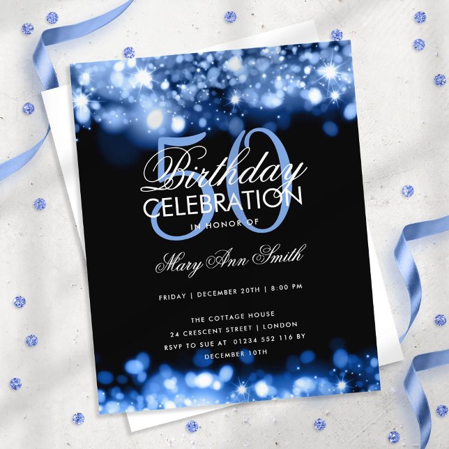 Budget Birthday Elegant Navy Blue Glam Lights Flyer (Creator Uploaded)