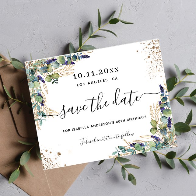 Budget birthday eucalyptus gold save the date (Creator Uploaded)