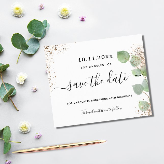 Budget birthday eucalyptus gold save the date (Creator Uploaded)