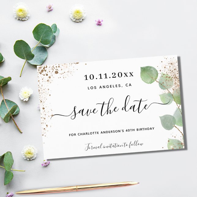 Budget birthday eucalyptus gold save the date (Creator Uploaded)
