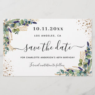 Budget birthday eucalyptus gold save the date