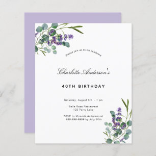 Budget birthday eucalyptus lavender invitation
