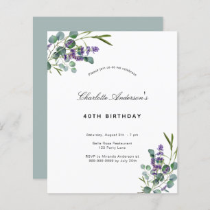 Budget birthday eucalyptus lavender invitation