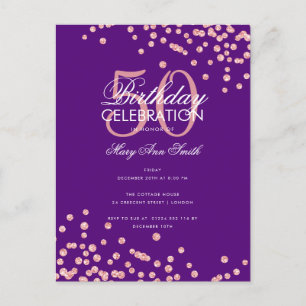 Budget Birthday Glitter Confetti Rose Gold Purple  Postcard