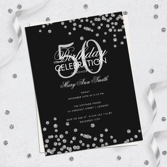 Budget Birthday Glitter Confetti Silver Black Postcard (Creator Uploaded)