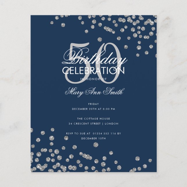 Budget Birthday Glitter Confetti Silver Navy  (Front)