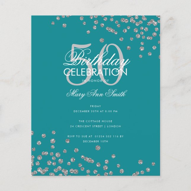 Budget Birthday Glitter Confetti Silver Teal  (Front)