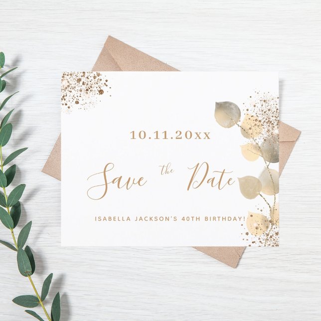 Budget birthday gold eucalyptus fall save the date (Creator Uploaded)