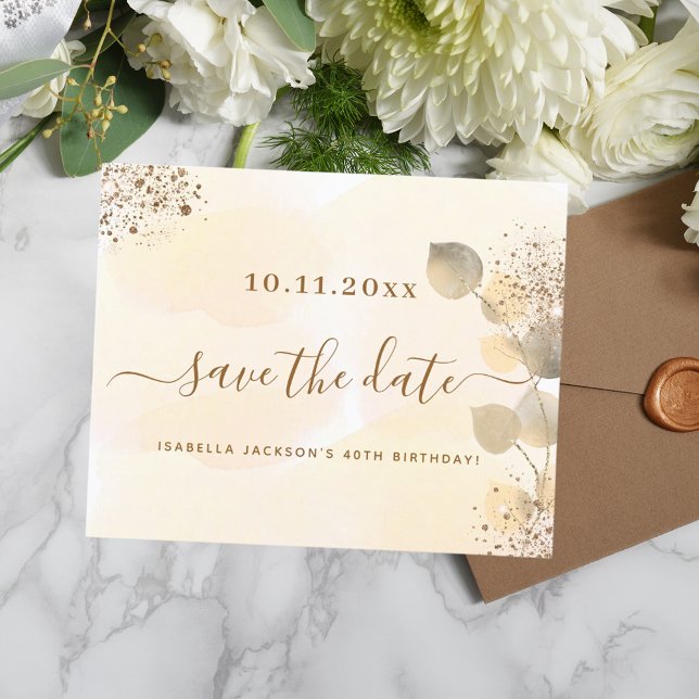 Budget birthday gold eucalyptus fall save the date (Creator Uploaded)