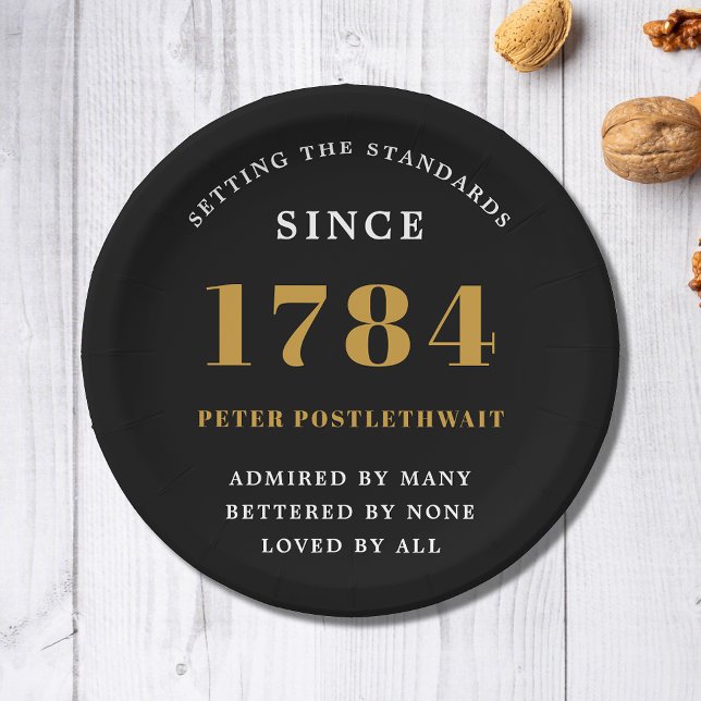 Budget Birthday Invitation Black Gold Any Year Paper Plate (Personalized black and gold birthday party paper plates. Easily edited text.)