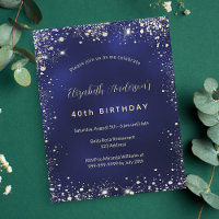 Budget birthday navy blue gold glitter invitation