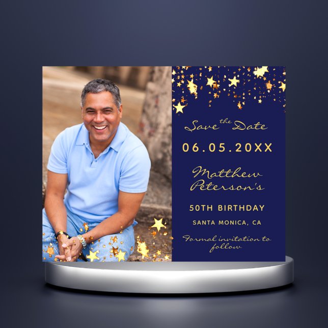 Budget birthday navy blue gold photo Save the Date (Creator Uploaded)
