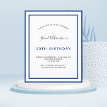 Budget birthday navy blue white invitation men<br><div class="desc">A modern,  elegant and invitation.  A white background decorated with navy blue frames.  Personalise and add a name and details. Black and blue coloured letters.</div>