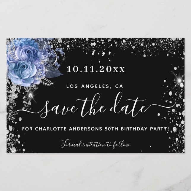 Budget birthday party black silver save the date (Front)