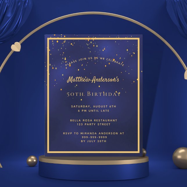 BUDGET Birthday party blue gold guys invitation (Creator Uploaded)