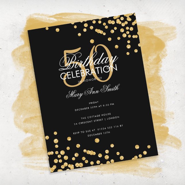 Budget Birthday Party Glitter Confetti Gold Black Postcard (Creator Uploaded)