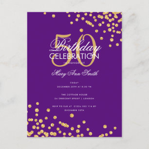 Budget Birthday Party Glitter Confetti Gold Purple Postcard