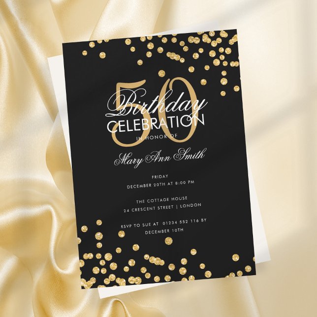 Budget Birthday Party Gold Glitter Confetti Black Invitation (Creator Uploaded)