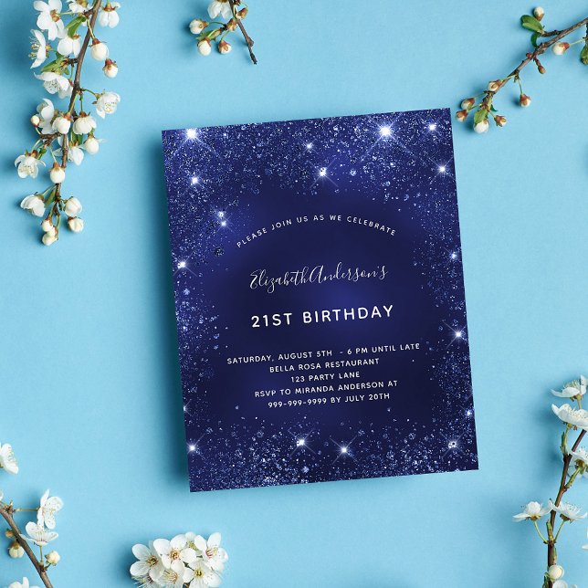 Budget birthday party navy blue glitter invitation (Creator Uploaded)