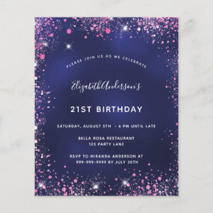Budget birthday party navy blue pink invitation