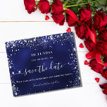 Budget birthday party navy blue silver save date<br><div class="desc">A girly and trendy Save the Date card for a 21st (or any age) birthday party. A navy blue uneven colored background. Decorated with faux silver glitter dust. The text: Save the Date is written with a large trendy hand lettered style script.</div>