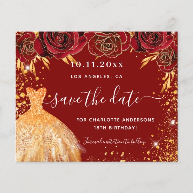 Budget birthday party red gold dress save the date (Front)