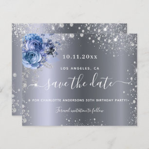 Budget birthday party silver blue save the date