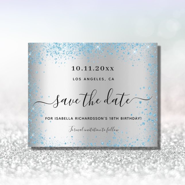 Budget birthday party silver blue save the date (Creator Uploaded)