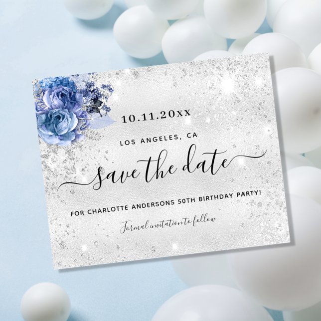 Budget birthday party silver blue save the date (Creator Uploaded)