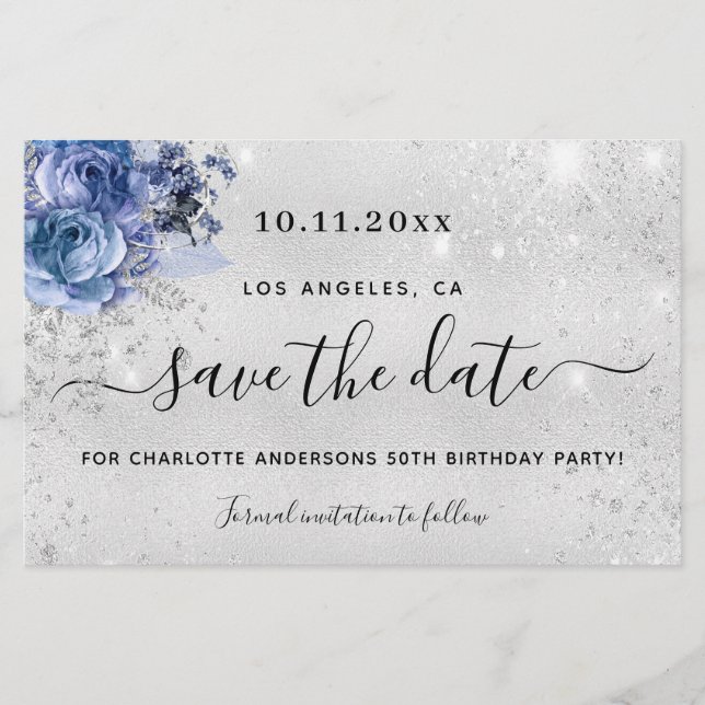 Budget birthday party silver blue save the date (Front)