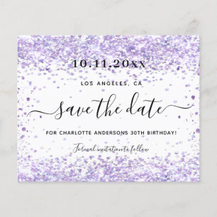 Budget birthday party violet glitter save the date