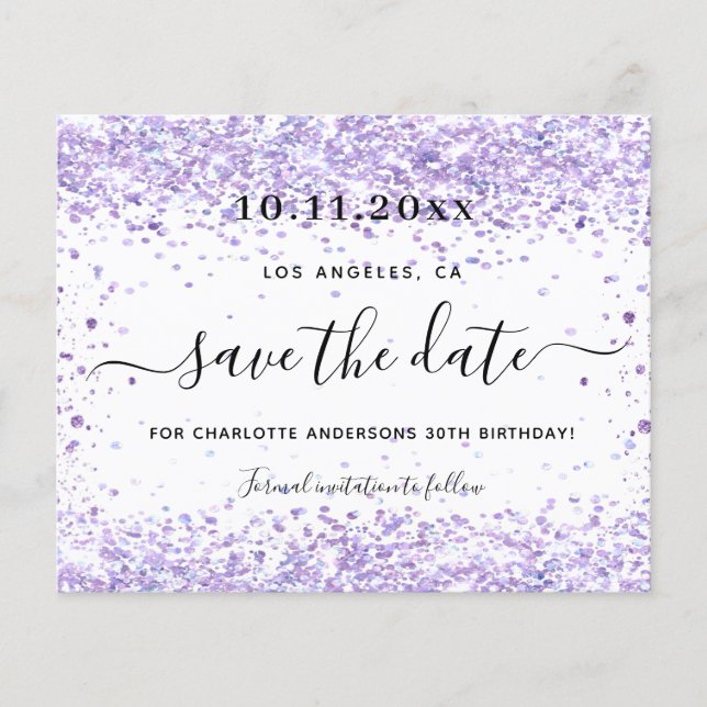 Budget birthday party violet glitter save the date (Front)