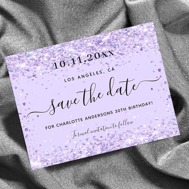 Budget birthday party violet glitter save the date (Creator Uploaded)