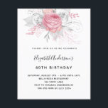 Budget Birthday pink florals elegant invitation<br><div class="desc">For a 40th (or any age) birthday party.  A stylish white background. Decorated with pink and white florals,  roses.   Personalise and add a name and party details.</div>