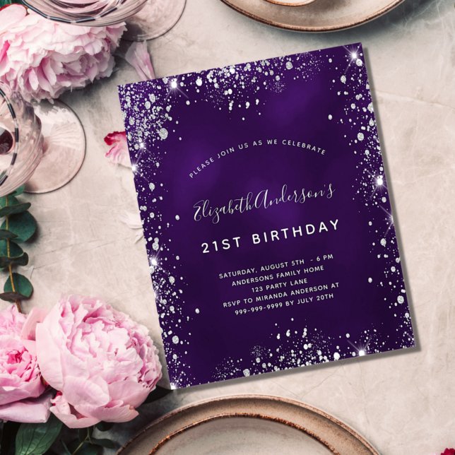 Budget birthday purple silver glitter invitation (Creator Uploaded)