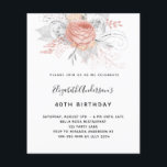 Budget Birthday rose gold floral white invitation<br><div class="desc">For a 40th (or any age) birthday party.  A stylish white background. Decorated with rose gold and white florals,  roses.   Personalise and add a name and party details.</div>