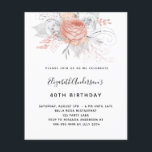 Budget Birthday rose gold floral white invitation<br><div class="desc">For a 40th (or any age) birthday party.  A stylish white background. Decorated with rose gold and white florals,  roses.   Personalise and add a name and party details.</div>