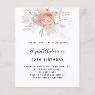 Budget Birthday rose gold floral white invitation