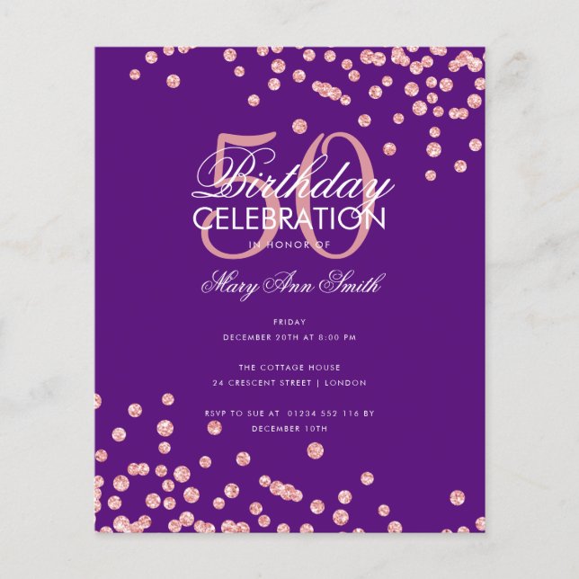 Budget Birthday Rose Gold Glitter Purple  Flyer (Front)
