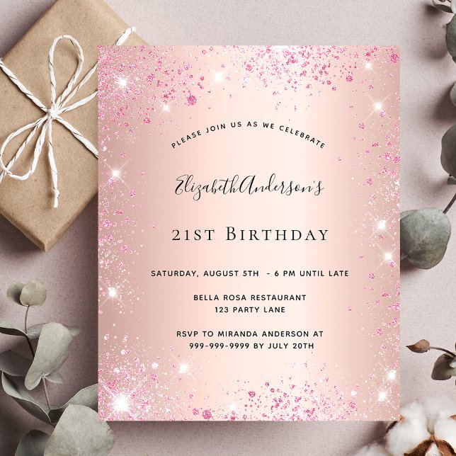 Budget birthday rose gold pink glitter invitation (Creator Uploaded)