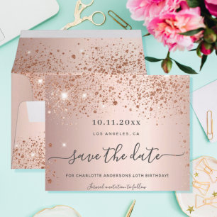 Budget birthday rose gold save the date card