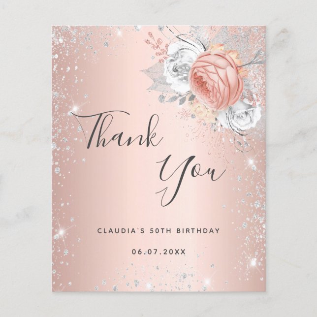 Budget birthday rose gold silver florals thank you (Front)